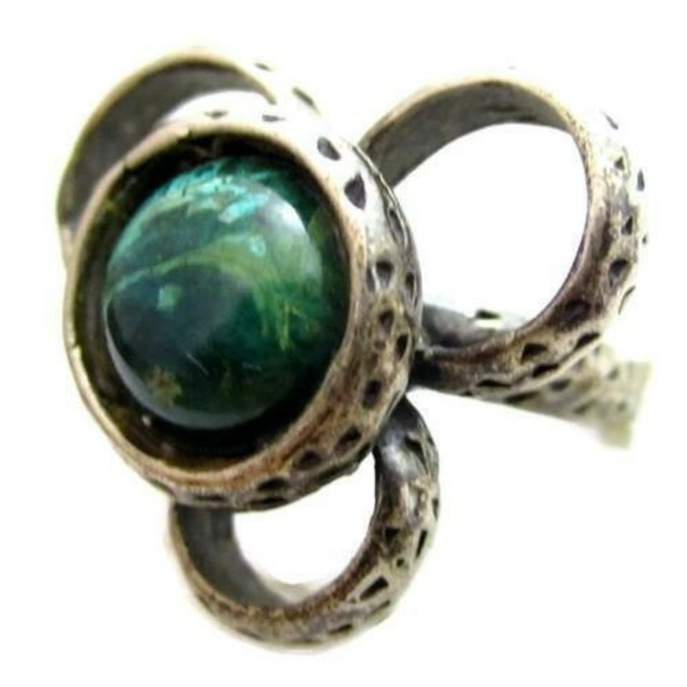 Vintage Modernist Green‎ Malachite Gemstone Flower Sterling Silver Ring*Sz 6.5 - Picture 2 of 7